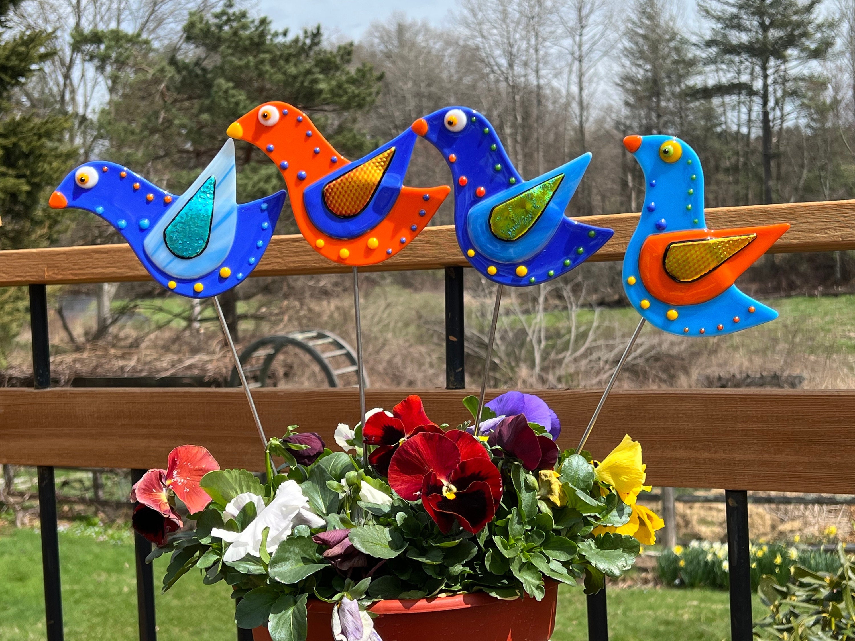 Bird garden stake - blue, orange and red fused glass