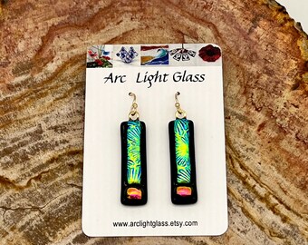 Earrings –  green, gold, black and peach dichroic fused glass