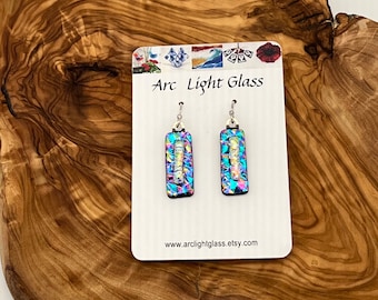 Earrings – blue, pink, gold and silver dichroic fused glass