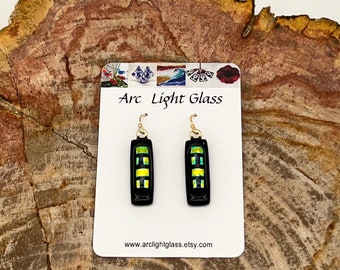 Earrings – black, gold, copper and green dichroic fused glass