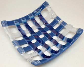 Fused Glass Plate – 6" Square Blue and White Woven Dish