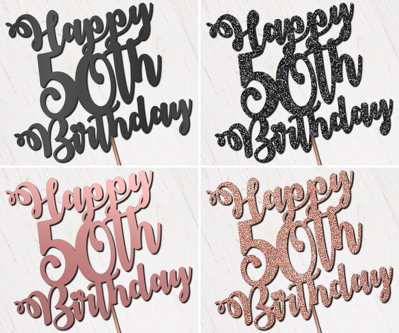 Personalised Custom Cake Toppers 50th Birthday Happy 50th Glitter Rose Gold Silver ANY AGE