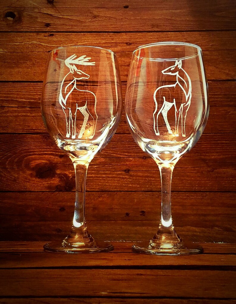 Deer Buck Doe Engraved Wine Glass His and Hers Wedding Gift Etsy