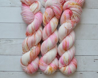 hand dyed yarn | Hand Dyed | fingering weight yarn | Yarn | Superwash | Speckled Yarn | fingering yarn | pink yarn | yellow | Summer Shandy