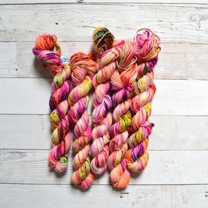 May include: Six skeins of colorful yarn in shades of pink, orange, yellow, and green. The yarn is arranged in a fan shape and is ready to be used for knitting or crocheting.