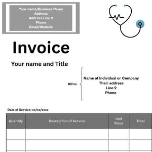 Puede incluir: Una plantilla de factura blanca con un gráfico de estetoscopio. El documento incluye campos para información comercial y del cliente, descripciones de servicios y totales. El texto incluye "Factura", "Su nombre y título" y "¡Gracias!"