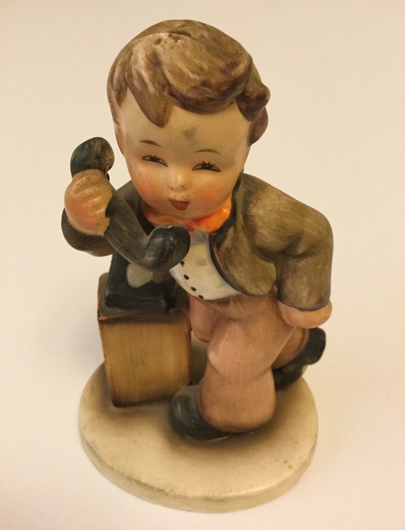 Lovely And Cute Vintage Boy On Telephone Figurine Painted Porcelain Collectible Figurine  Is She Home?