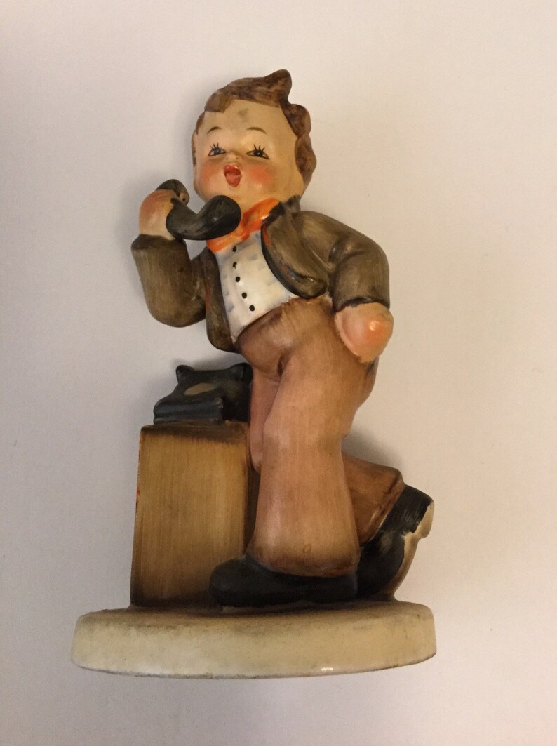 Lovely And Cute Vintage Boy On Telephone Figurine Painted Porcelain Collectible Figurine Is She Home?