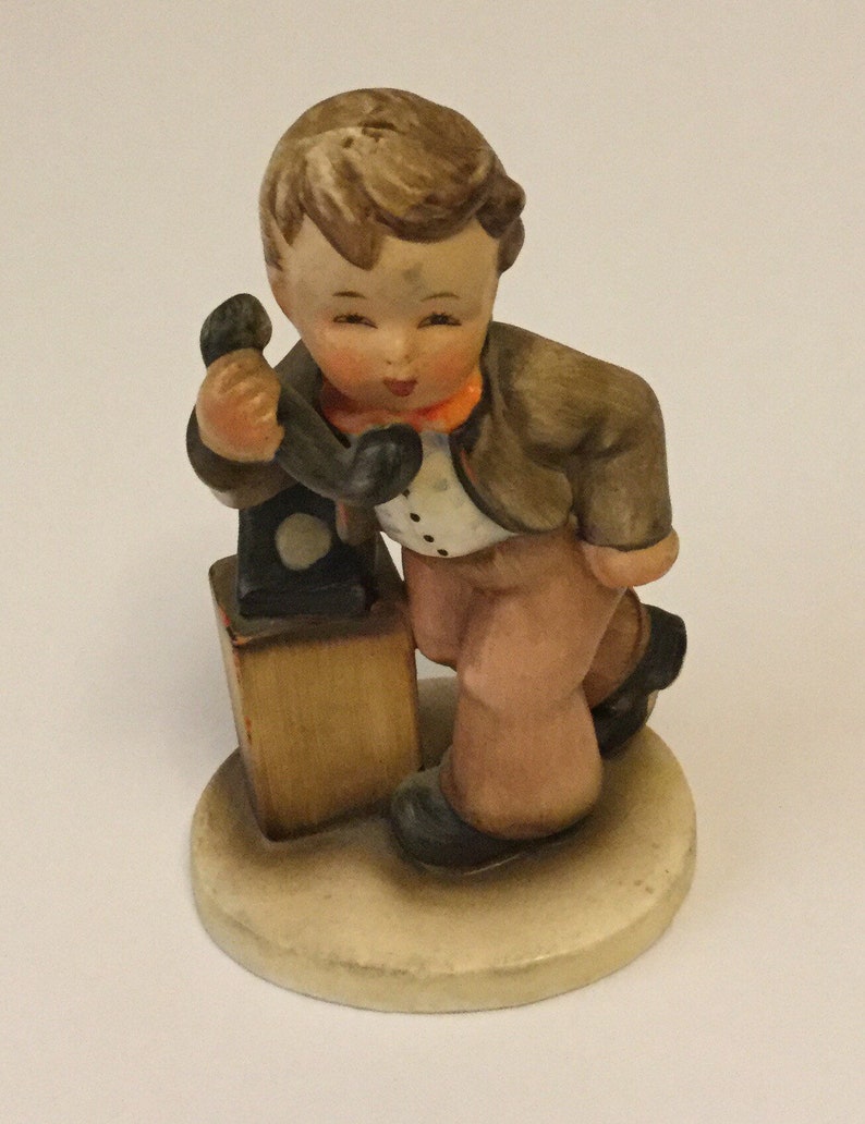 Lovely And Cute Vintage Boy On Telephone Figurine Painted Porcelain Collectible Figurine Is She Home?