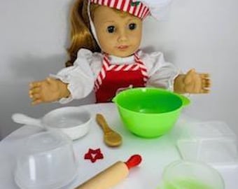 Conjunto de chapéu de chef natalino, avental e utensílios de confeitaria para bonecas de 45 cm (18 polegadas) compatíveis com American Girl.