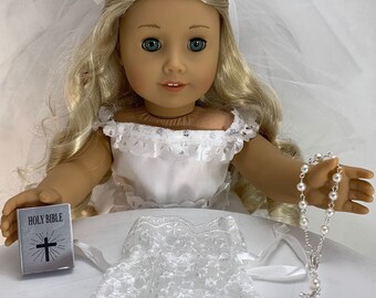 Primera Comunión para American Girl Doll 18" Accesorios Fit Mini Rosario Bíblico Plata SET