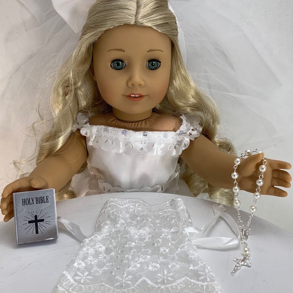 First Communion for American Girl Doll 18" Accessories Fit Mini Bible Rosary Silver SET