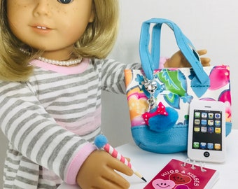 Conjunto de acessórios para bolsa floral: celular em miniatura e lápis para boneca de 18"