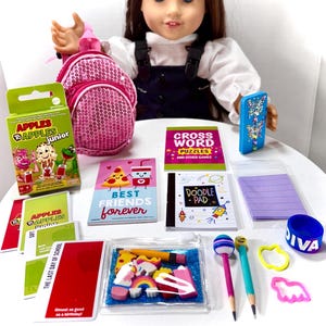 Mochila para muñecas y mini útiles escolares para muñecas de 18 pulgadas. Accesorios compatibles con American Girl.