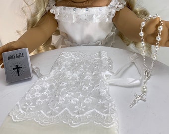 First Communion for American Girl Doll 18&quot; Accessories Fit Mini Bible Rosary Silver SET