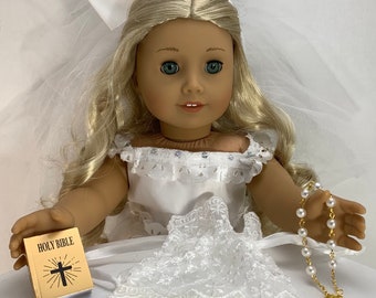 First Communion for American Girl Doll 18" Accessories Fit Mini Bible Rosary Gold SET
