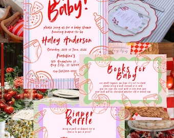 Paquete de invitaciones para baby shower Ciao / Baby shower italiano / Rifa de pañales + Tarjeta con libro / Plantilla editable de Canva / Set para baby shower