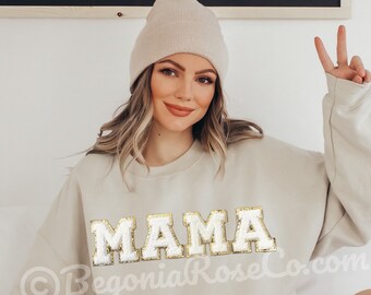 MAMA Sweatshirt Mom Sweatshirt Mama Shirt Mom Life Mom Birthday Gift Mommy and Me Gift for Mom Gift for Women Glitter Patch Sweatshirt