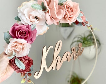 Nursery Hoop Wreath Floral Hoop Wreath with Name Baby Shower Wreath Baby Shower Decor Farmhouse Decor Girl Nursery Decor Floral Name