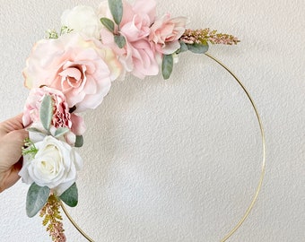 Custom Floral Hoop Wreath Wall Decor Hoop Wreath Nursery Floral Nursery Girl Nursery Decor Girl Blush Nursery Pink and Gold Baby Shower