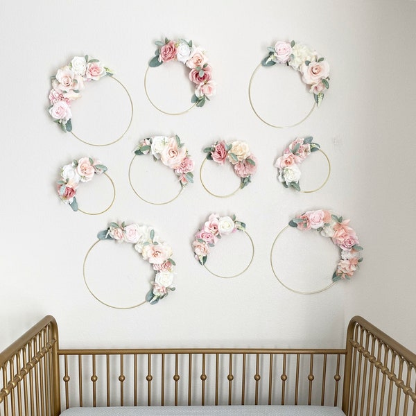 Floral Nursery Flower Wall Decor Girl Flower Wall Crib Flower Wall Hoop Wreath Set Floral Hoop Wreath Nursery Hoop Wreath Wall Decor Girl