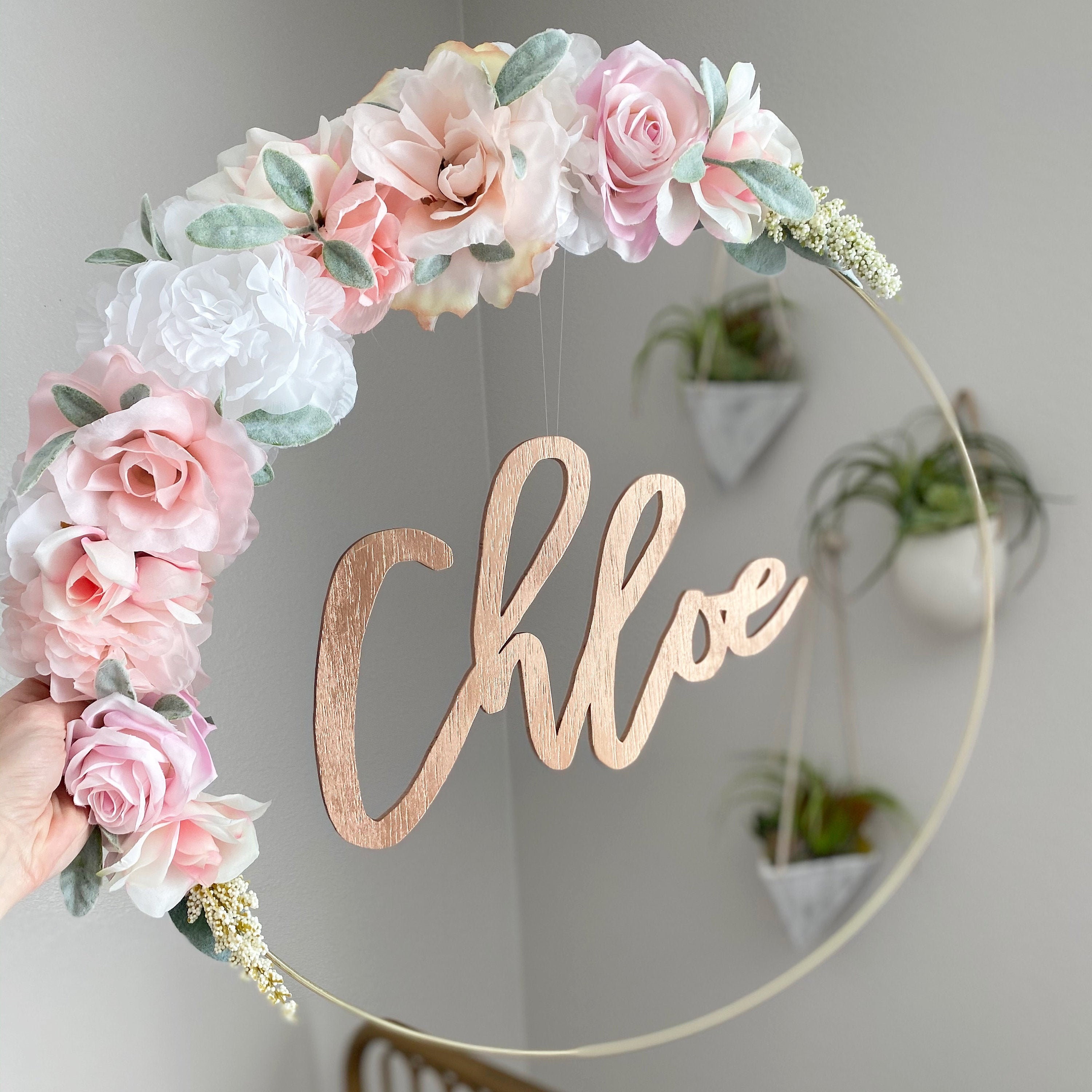 Nursery Hoop Wreath Floral Hoop Wreath with Name Baby Shower Etsy