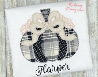Personalized Fall Shirt: Applique Plaid Pumpkin with Bow