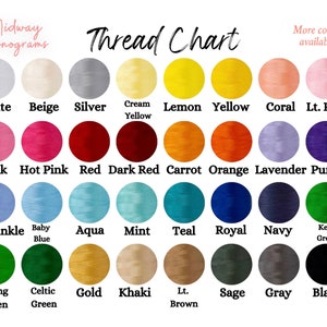 May include: A thread chart displaying 36 different coloured thread spools. The chart is labelled "Thread Chart" and includes the names of each colour, such as "White", "Beige", "Silver", "Cream Yellow", "Lemon Yellow", "Coral", "Lt. Pink", "Pink", "Hot Pink", "Red", "Dark Red", "Carrot", "Orange", "Lavender", "Purple", "Periwinkle", "Baby Blue", "Aqua", "Mint", "Teal", "Royal", "Navy", "Kelly Green", "Spring Green", "Celtic Green", "Gold", "Khaki", "Lt. Brown", "Sage", "Grey", and "Black".
