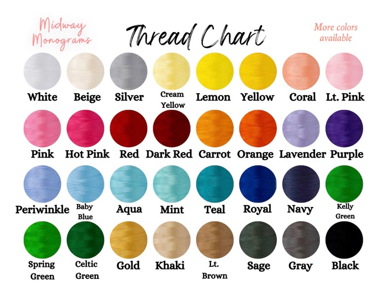 May include: A thread chart displaying 36 different coloured thread spools. The chart is labelled "Thread Chart" and includes the names of each colour, such as "White", "Beige", "Silver", "Cream Yellow", "Lemon Yellow", "Coral", "Lt. Pink", "Pink", "Hot Pink", "Red", "Dark Red", "Carrot", "Orange", "Lavender", "Purple", "Periwinkle", "Baby Blue", "Aqua", "Mint", "Teal", "Royal", "Navy", "Kelly Green", "Spring Green", "Celtic Green", "Gold", "Khaki", "Lt. Brown", "Sage", "Grey", and "Black".