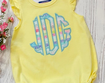 Girls Yellow Monogrammed Bubble Romper: Appliqué Scallop Outfit