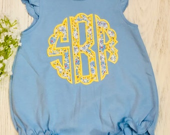 Floral Applique Monogram Baby Bubble Outfit