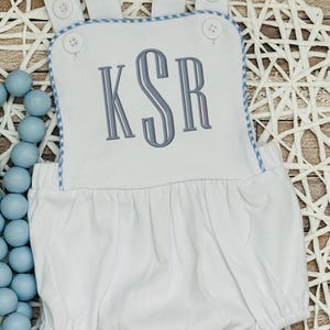 Monogram Bubble Outfit For Boys - Boys Monogrammed Bubble Sunsuit  -  Boys Blue Gingham Trim  Bubble - Baby Boy Sunsuit - Baby Shower Gift