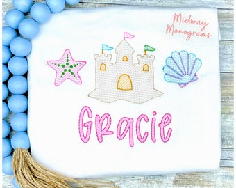 Personalized Girls Beach Shirt: Sandcastle Seashells Vacation Tee