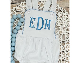 Monogrammed Blue Gingham Sunsuit: Baby Boy Bubble Outfit