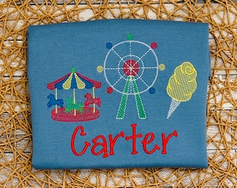 Embroidered Kids Fair Shirt: Carousel, Ferris Wheel, Cotton Candy