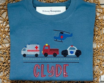 Personalized Boys Rescue Vehicle Shirt: Embroidered Fire Truck, Police Car