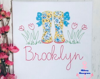 Personalized Girls Appliqué Shirt: Rain Boots & Flowers