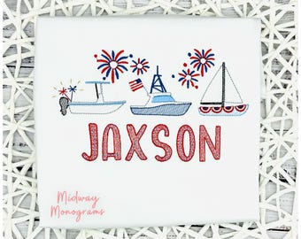 Personalized 4th Of July Shirt: Sketch Boats with fireworks