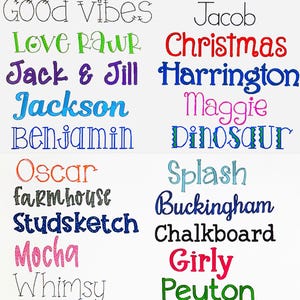 May include: A colourful chart with a list of names in different fonts and colours. The names include Ballerina, Good Vibes, Love Rawr, Jack & Jill, Jackson, Benjamin, Oscar, Farmhouse, Studsketch, Mocha, Whimsy, Hopscotch, Joy Kale, Jacob, Christmas, Harrington, Maggie, Dinosaur, Splash, Buckingham, Chalkboard, Girly, Peyton, and Stud Muffin.