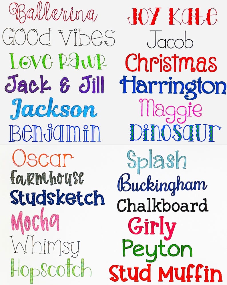 May include: A colourful chart with a list of names in different fonts and colours. The names include Ballerina, Good Vibes, Love Rawr, Jack & Jill, Jackson, Benjamin, Oscar, Farmhouse, Studsketch, Mocha, Whimsy, Hopscotch, Joy Kale, Jacob, Christmas, Harrington, Maggie, Dinosaur, Splash, Buckingham, Chalkboard, Girly, Peyton, and Stud Muffin.