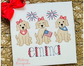 Girls Patriotic Pup Shirt – Personalized 4th of July Fireworks Tee