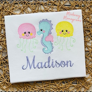 Personalized Summer Shirt - Sea Creature Sketch Embroidered Shirt - Summer Shirt For Kids - Beach Shirt For Kids - Summer Fun Shirt