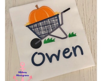 Personalized Kids Fall Shirt – Embroidered Pumpkin Wheelbarrow Design