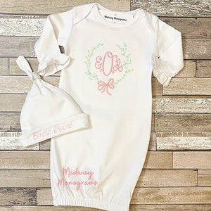 Personalized Baby Girl Gown Set: Ruffle Gown, Monogrammed Hat