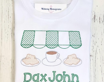 Nola Inspired Embroidered Kids Shirt: Coffee & Beignets, Personalized