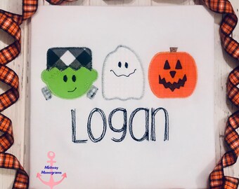 Personalized Boys Halloween Shirt: Appliqué Frank, Ghost, Jack Trio