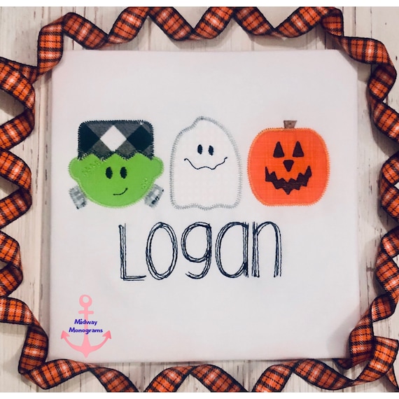 Personalized Boys Halloween Shirt: Appliqué Frank, Ghost, Jack Trio