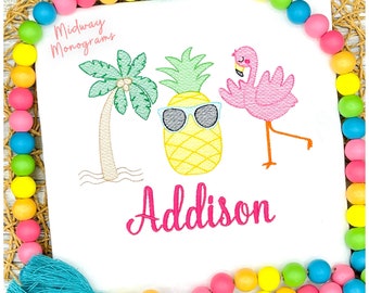 Girls Personalized Summer Shirt: Flamingo, Pineapple, Palm Tree