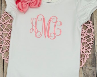 Girls Monogrammed Shirt or Romper: Custom Color Thread