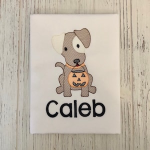 Personalized Halloween Pup With Pumpkin Shirt For Boys - Toddler Halloween Shirt - Embroidered Halloween Shirt For Boys